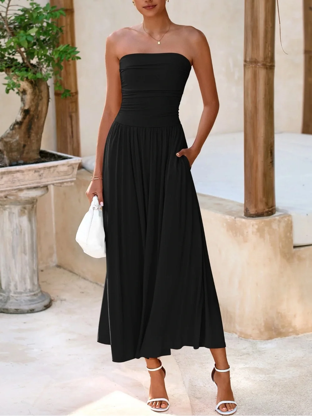Sleek Strapless Black Maxi Dress with pockets Size Small - Picture 1 of 8